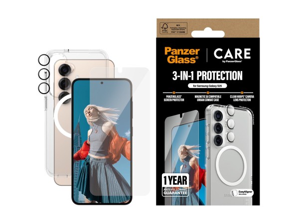 PANZERGLASS CARE Flagship 3-in-1 Hülle + Schutzglas Set Samsung Galaxy S25 Transparent Induktiv