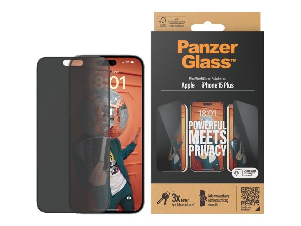 PANZERGLASS Privacy Screen Protector iPhone 15 Plus Ultra-Wide Fit