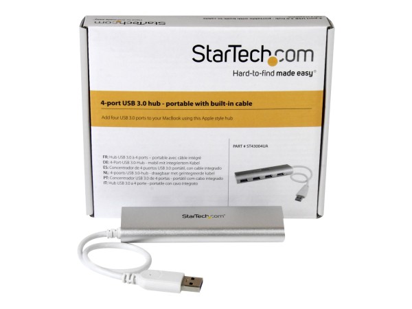 STARTECH.COM 4 Port kompakter USB 3.0 Hub mit eingebautem Kabel - Aluminium USB Hub - Silber