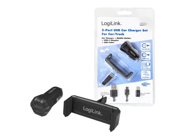 LOGILINK USB-KFZ-Ladegerät und Smartphone-Halter, schwarz Universal-Smartphone-Halterung für Lüftung