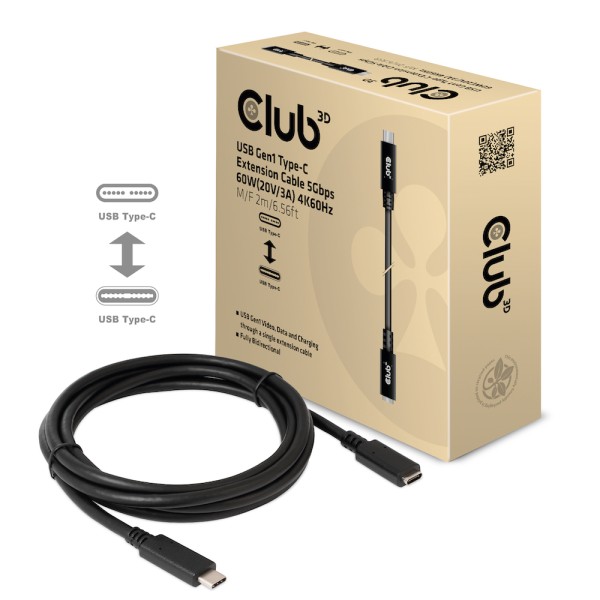 CLUB3D CAC-1529 USB G1 Type-C Extension Kabel 2m M/F, 60W(20V/3A), 4K60Hz