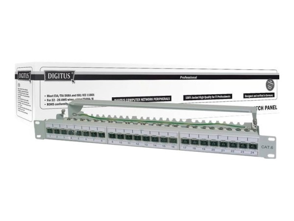 DIGITUS Patch Panel 48,3cm 19Zoll 24Port Cat6a geschirmt grau RAL7035 Kabelinstallation mit LSA Leis