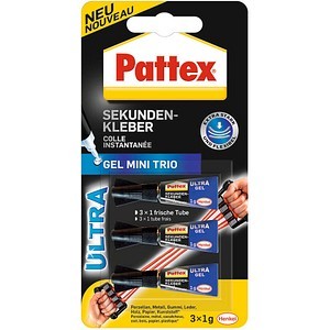 PATTEX Sekundenkleber Ultra Gel Mini Trio, 3 Tuben à 1 g extra stark und flexibel, schlagfest, wasse