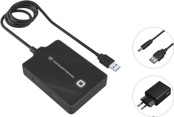 CONCEPTRONIC USB-Hub 4-Port 3.0 ->4x3.0 m.Netzteil sw