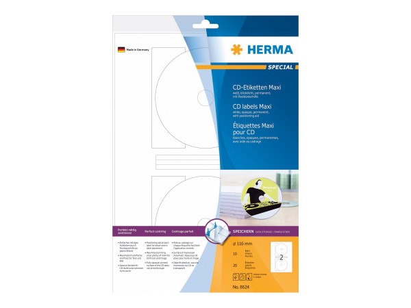 HERMA CD-Etiketten Maxi A4 weiß 116 mm Papier opak 20 St.