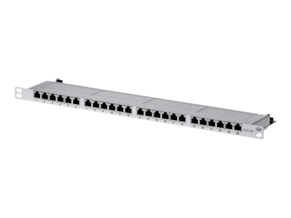HELOS Patchfeld Cat 6A 19" 0,5HE 24 Port grau . Preisgünstiges geschirmtes LSA Patchpanel mit 1/2 Ba