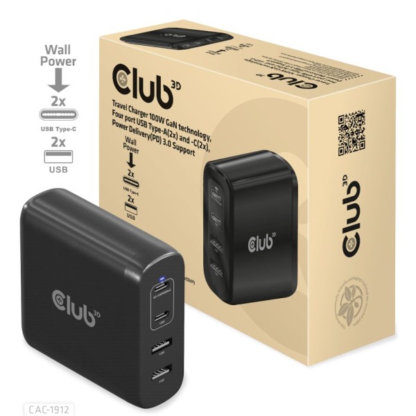CLUB3D Ladegerät 2xUSB Typ C, 2xUSB Typ A, PD 100W retail