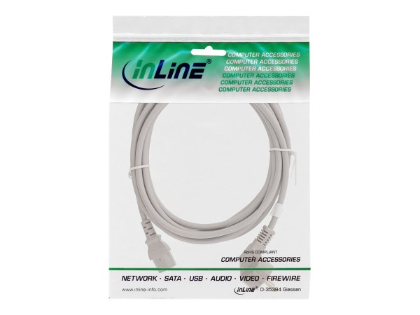 INLINE ® Netzkabel, Schutzkontakt gewinkelt auf Kaltgerätestecker C13, 5m, grau