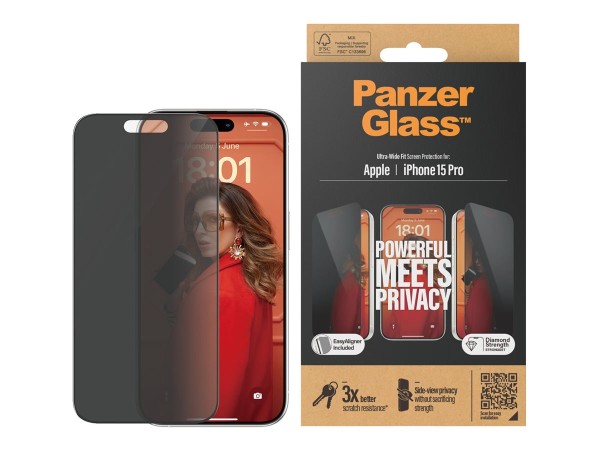 PANZERGLASS ? Privacy Displayschutz iPhone 15 Pro | Ultra-Wide Fit mit Easyligner