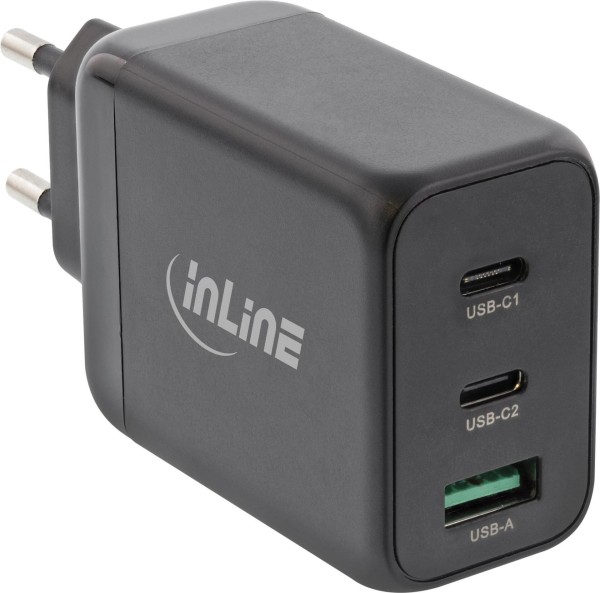 INLINE USB PD Netzteil, GaN Ladegerät, 3-Port, Dual USB-C + USB-A, 65W, schwarz