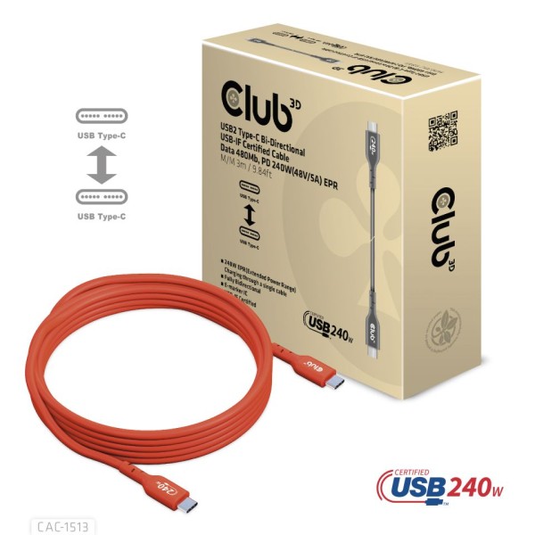 CLUB3D Kabel USB 2 Typ C PD 240W / 480Mb 3m St/St retail