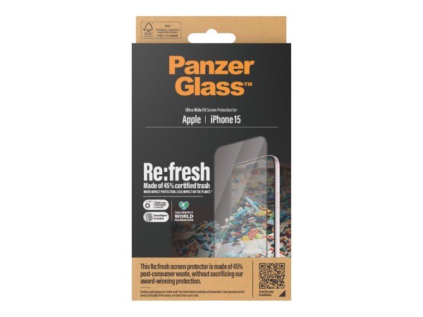 PANZERGLASS ? Re:Fresh Displayschutzfolie für das Apple iPhone 15 | Ultra-Wide Fit mit Easyligner