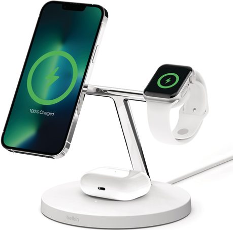 BELKIN Boost Charge PRO 3-in-1-Ladegerät mit MagSafe 15W weiß -Schnelleres kabelloses Laden mit 15 W