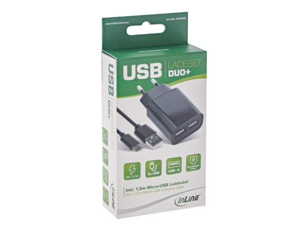 INTOS ELECTRONIC INLINE USB DUO+ - Netzteil - 2.1 A - 2 Ausgabeanschlussstellen (USB) - auf Kabel: M