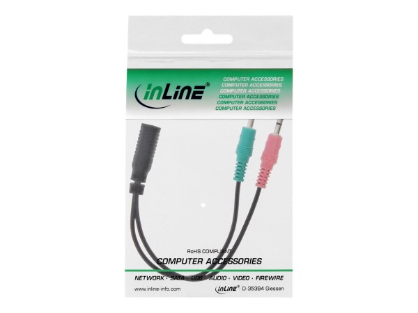 InLine® Audio Headset Adapterkabel, 2x 3,5mm Klinke Stecker an 3,5mm Klinke Buchse 4pol. CTIA, 0,15m