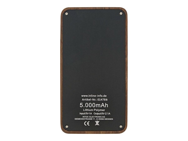 INLINE woodplate, USB Akku PowerBank 5.000mAh, mit LED Anzeige, Echtholz, Walnuss