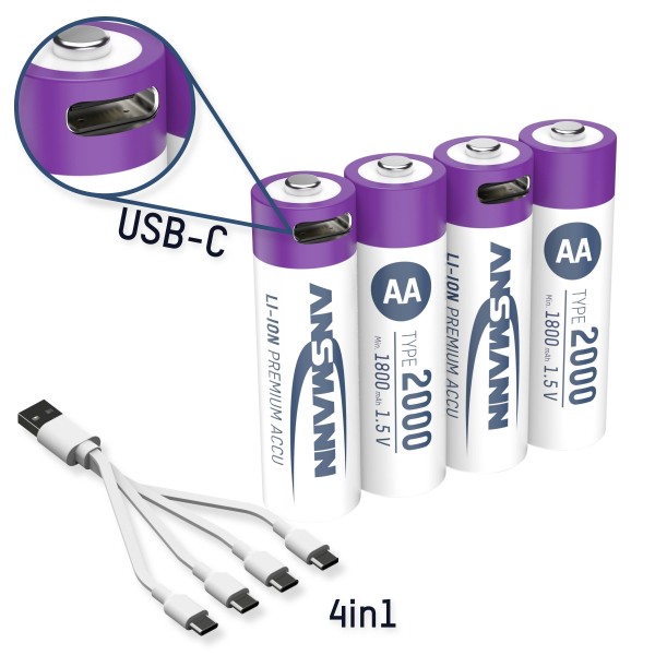 ANSMANN 1x4 Lithium Akku Mignon AA 1800mAh + Ladekabel 1312-0036
