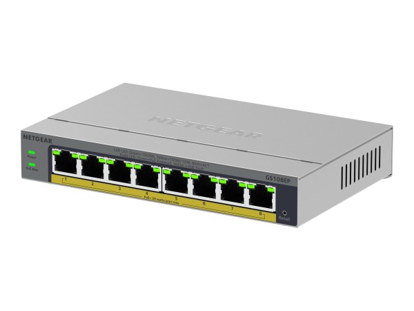 NETGEAR GS108EP 8-Port Gigabit Ethernet PoE+ Plus Switch, PoE Budget 62 W, lüfterlos, Metallgehäuse