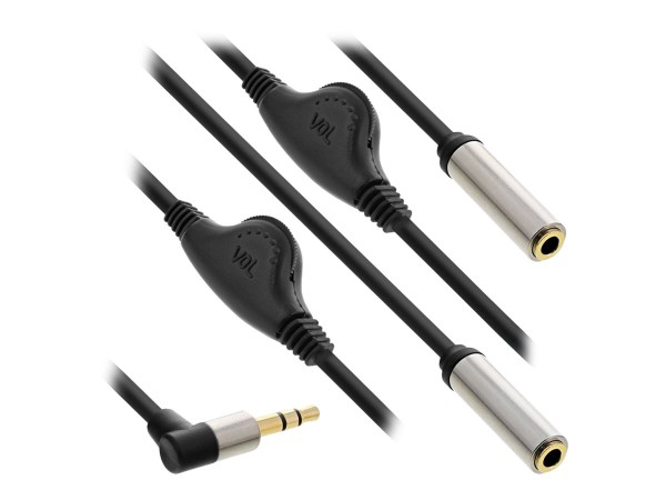 INLINE Slim Audio Y-Kabel Klinke 3,5mm Stecker gewinkelt an 2x Klinke Buchse, mit Lautstärkeregler