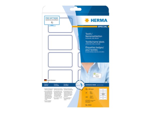 HERMA Namensetiketten 80 x 50 mm, Acetat-Seide, blauer Rand selbstklebend, flexibles Textilmaterial,
