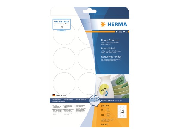HERMA Etiketten A4 weiß 60 mm ablösbar Papier 300 St.
