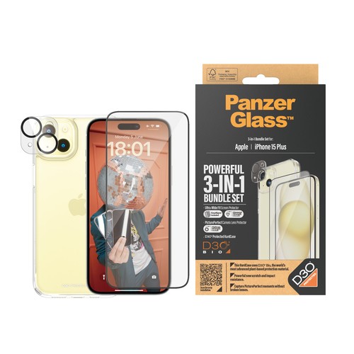 PANZERGLASS 3-in-1 Set für das iPhone 15 Plus Ultra-Wide Fit Display- & Kamera Schutzfolie & D30