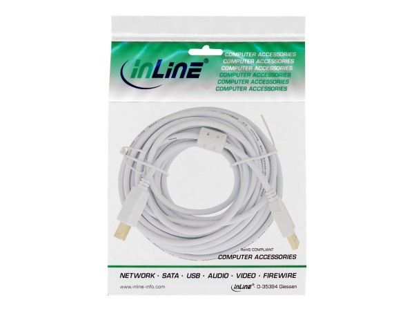 INLINE ® USB 2.0 Kabel, A an B, weiß / gold, mit Ferritkern, 10m