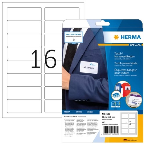 HERMA Textil/Namensetiketten A4 88,9x 33,8mm weiss 160 St.