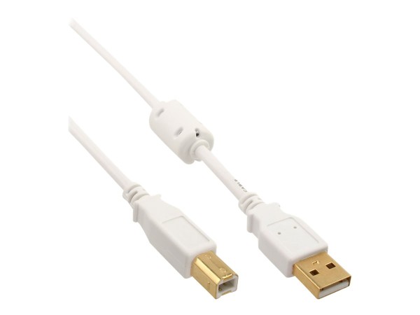INLINE USB 2.0 Kabel, A an B, weiß / gold, mit Ferritkern, 1,5m