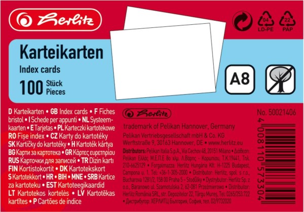 HERLITZ Karteikarte A8 blanko ws hf eingeschweißt mit Aufrei