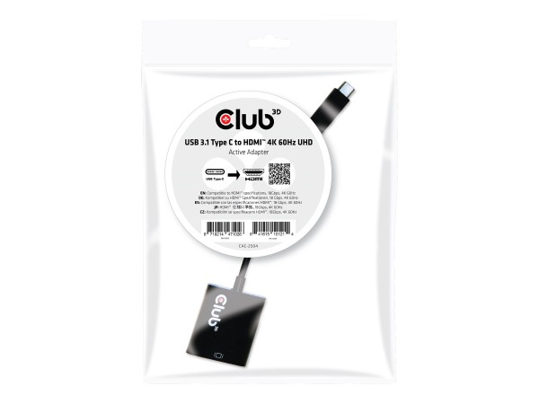 CLUB3D Adapter USB 3.1 Typ C > HDMI 2.0 UHD aktiv St/Bu Polybeutel