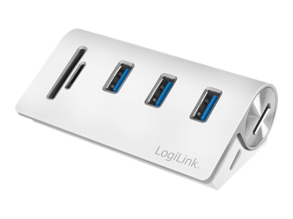 LOGILINK USB HUB 3.0, 3-Port, mit Kartenleser, ALU, silber