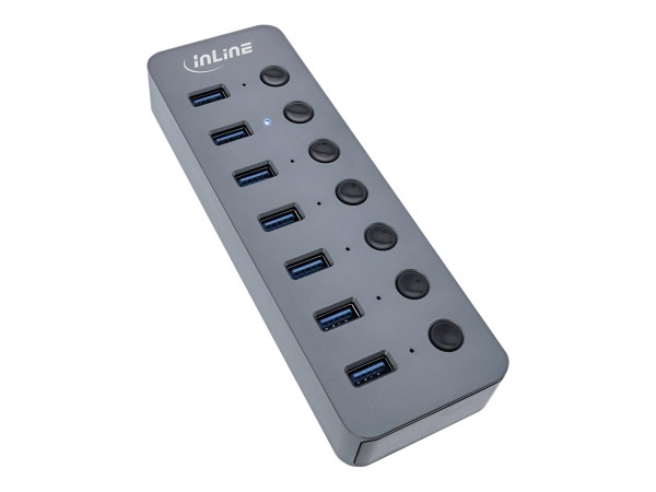 INLINE USB 3.2 Gen.1 Hub, 7-Port, mit Schalter, Aluminium, grau, mit Netzteil