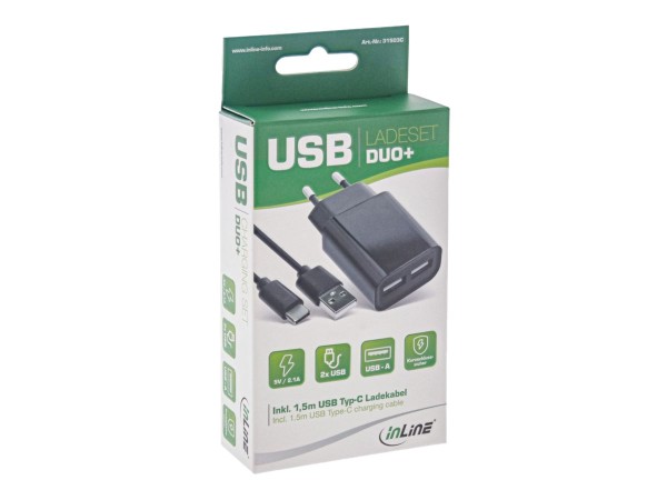 INTOS ELECTRONIC INLINE USB DUO+ - Netzteil - 2.1 A - 2 Ausgabeanschlussstellen (USB) - auf Kabel: U
